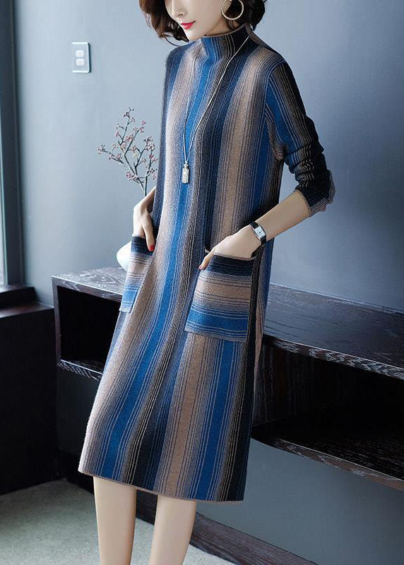 Elegant Blue High Neck Striped Knit Long Sweater Winter