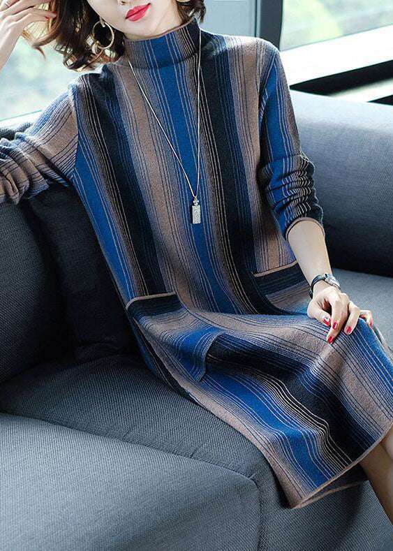 Elegant Blue High Neck Striped Knit Long Sweater Winter