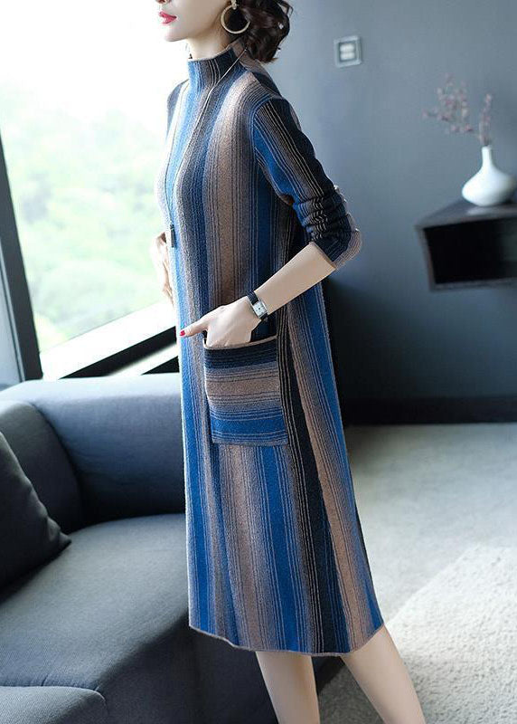 Elegant Blue High Neck Striped Knit Long Sweater Winter