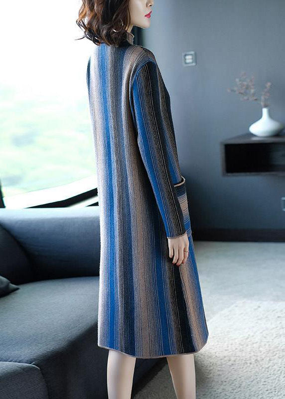 Elegant Blue High Neck Striped Knit Long Sweater Winter