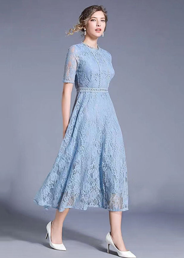 Elegant Blue Hollow Out Embroideried Patchwork Lace Long Dresses Summer