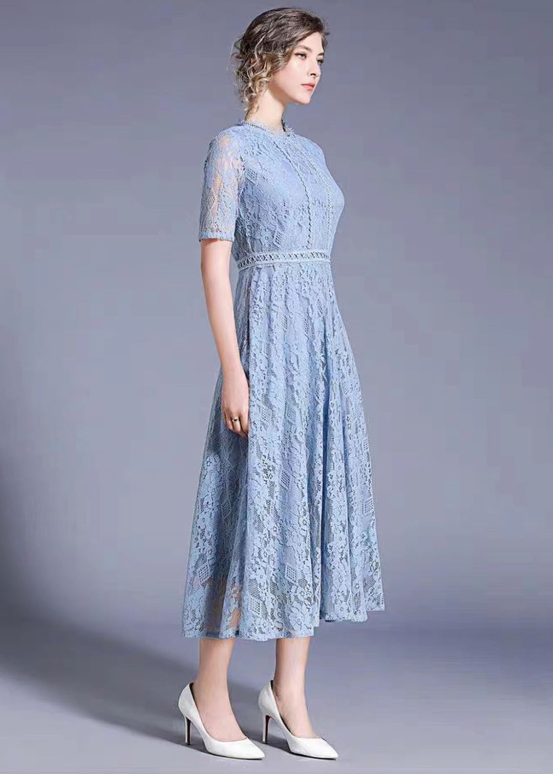 Elegant Blue Hollow Out Embroideried Patchwork Lace Long Dresses Summer