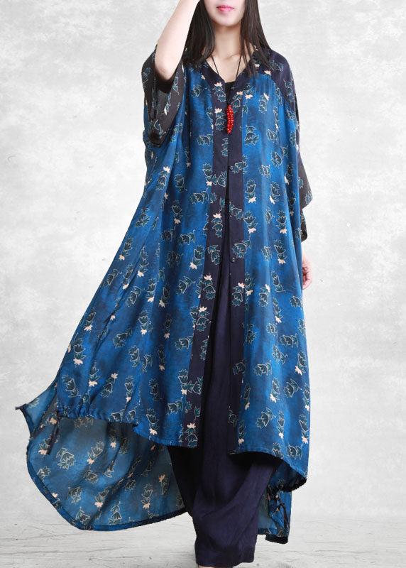 Elegant Blue Low High Design Pockets Patchwork Long Shirt And Pants Two Pieces Set Spring