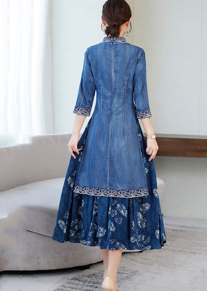 Elegant Blue Mandarin Collar Embroideried Patchwork Cotton Denim Fake Two Piece Dress Half Sleeve