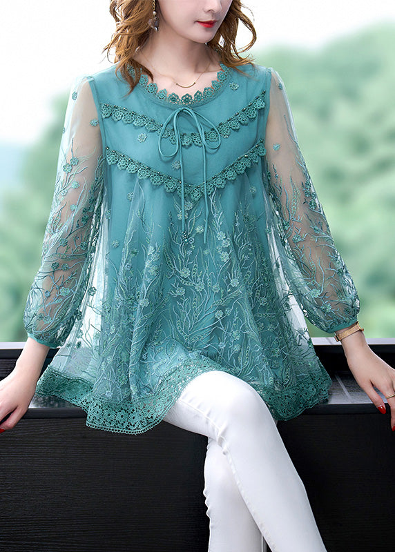 Elegant Blue O-Neck Embroideried Neck Tie Lace Top Long Sleeve