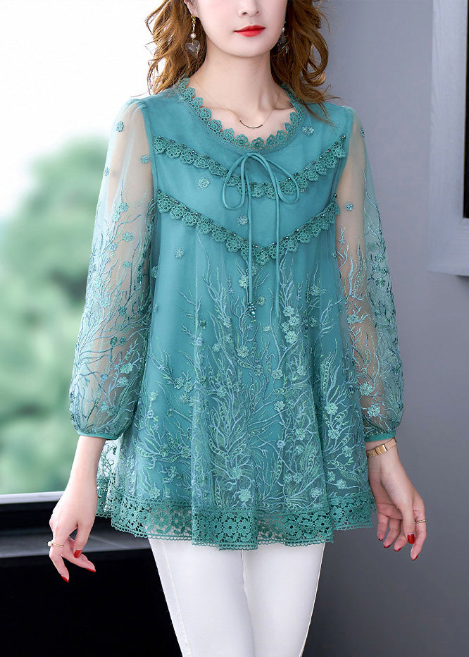 Elegant Blue O-Neck Embroideried Neck Tie Lace Top Long Sleeve