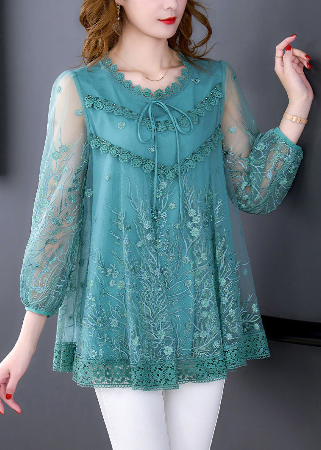 Elegant Blue O-Neck Embroideried Neck Tie Lace Top Long Sleeve