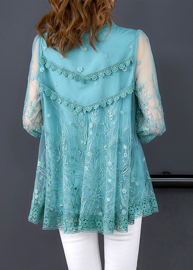 Elegant Blue O-Neck Embroideried Neck Tie Lace Top Long Sleeve