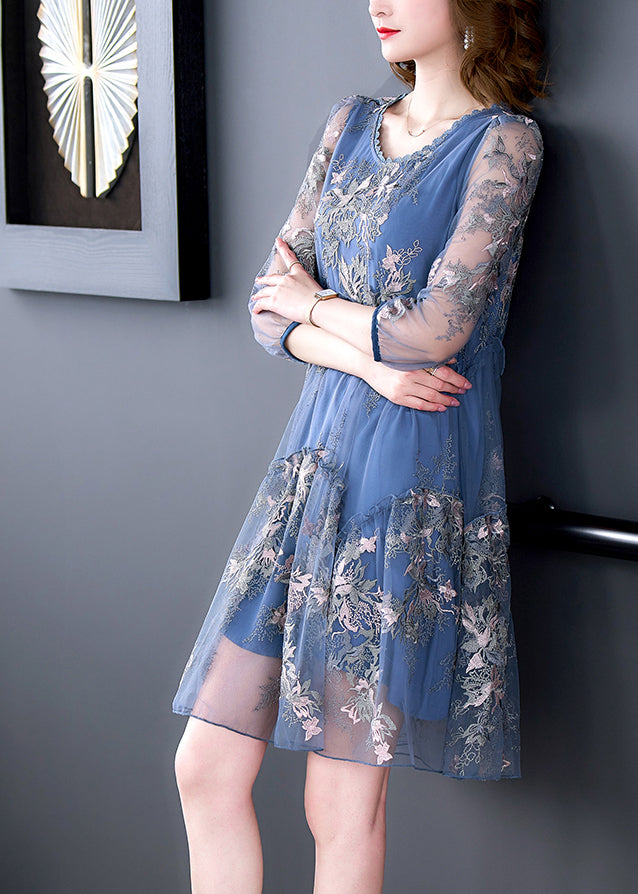 Elegant Blue O-Neck Embroideried Patchwork Tulle Vacation Dresses Half Sleeve