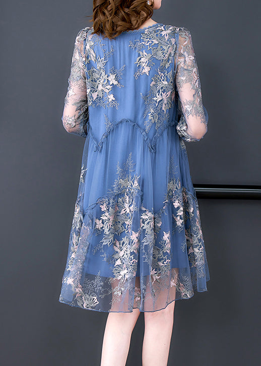 Elegant Blue O-Neck Embroideried Patchwork Tulle Vacation Dresses Half Sleeve