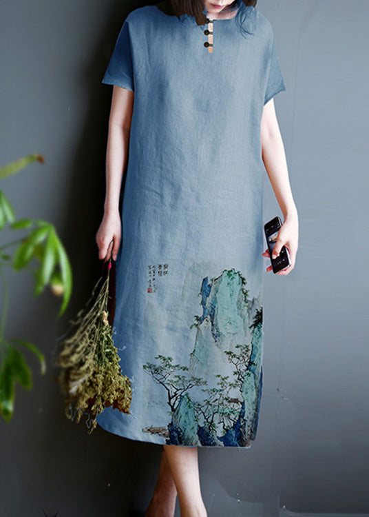 Elegant Blue O-Neck Graphic Print Linen Long Dress Summer