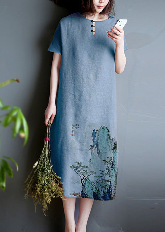 Elegant Blue O-Neck Graphic Print Linen Long Dress Summer