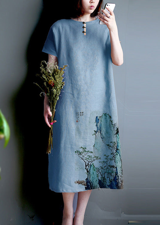 Elegant Blue O-Neck Graphic Print Linen Long Dress Summer