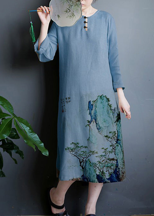 Elegant Blue O-Neck Graphic Print Linen Long Dress Summer