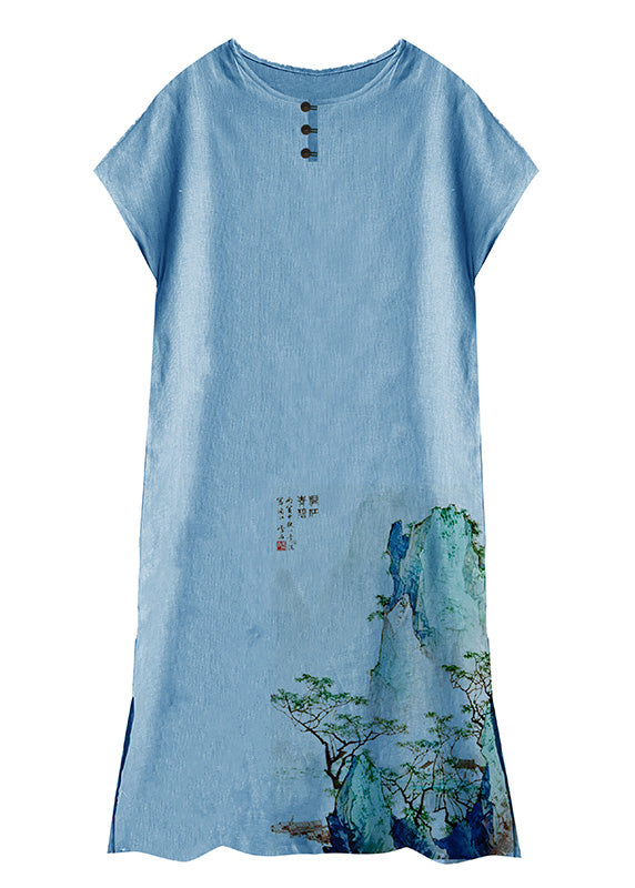 Elegant Blue O-Neck Graphic Print Linen Long Dress Summer