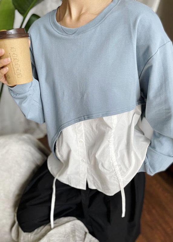 Elegant Blue O-Neck Patchwork Asymmetrical Design Fall Sweatshirts Top - Omychic