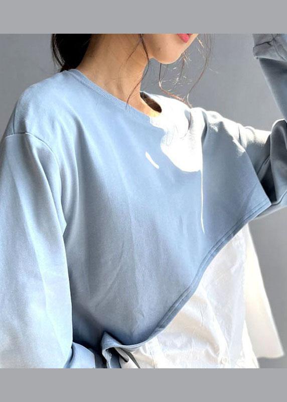 Elegant Blue O-Neck Patchwork Asymmetrical Design Fall Sweatshirts Top - Omychic
