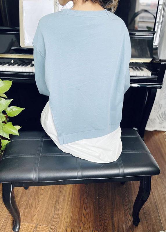 Elegant Blue O-Neck Patchwork Asymmetrical Design Fall Sweatshirts Top - Omychic