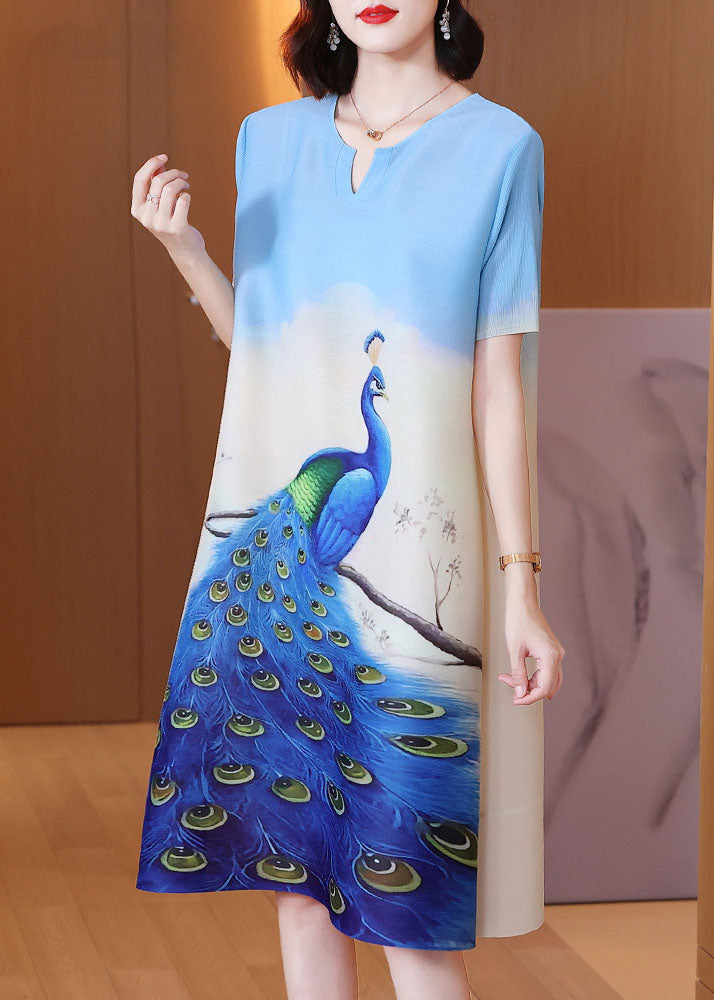Elegant Blue O-Neck Peacock Print Silk Mid Dress Short Sleeve