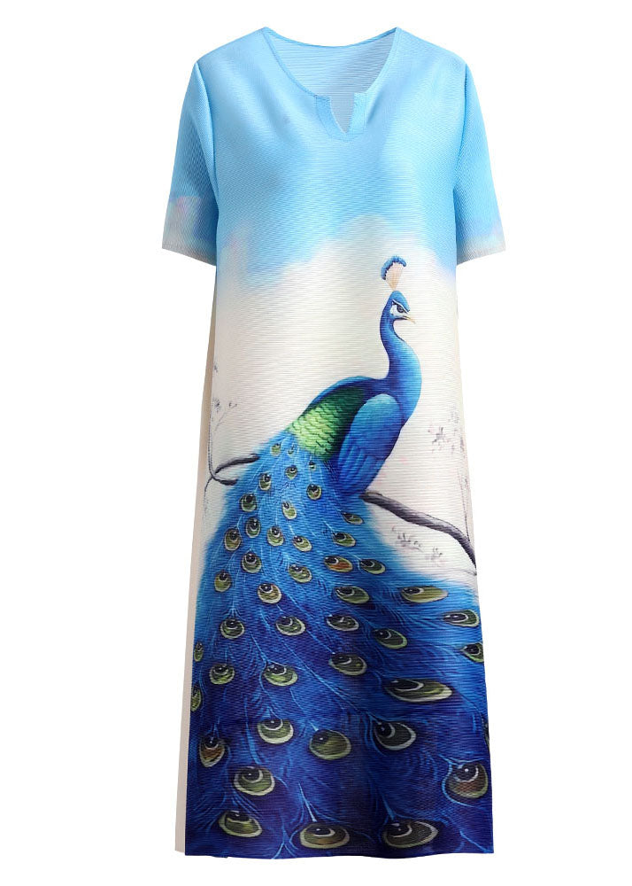 Elegant Blue O-Neck Peacock Print Silk Mid Dress Short Sleeve