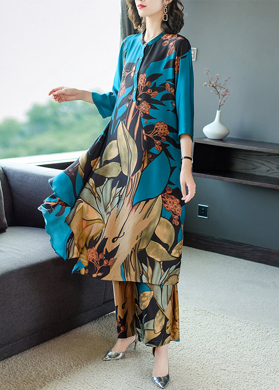 Elegant Blue O-Neck Print Chiffon Dress And Pants Two Pieces Set Three Quarter sleeve