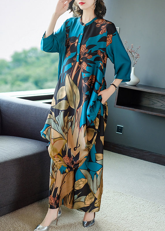 Elegant Blue O-Neck Print Chiffon Dress And Pants Two Pieces Set Three Quarter sleeve