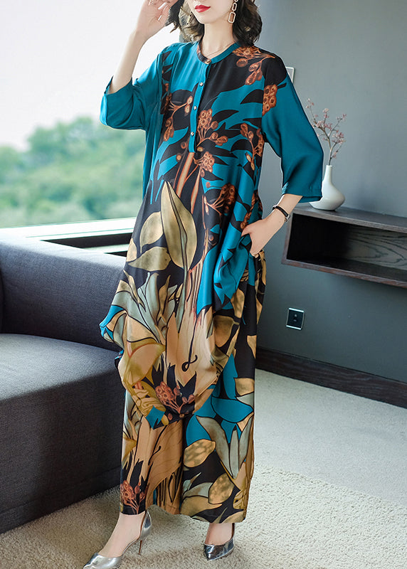 Elegant Blue O-Neck Print Chiffon Dress And Pants Two Pieces Set Three Quarter sleeve