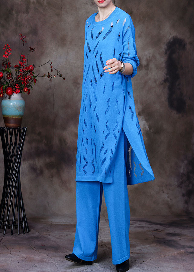 Elegant Blue O-Neck Solid Hollow Out Knit Three Pieces Set Long Sleeve