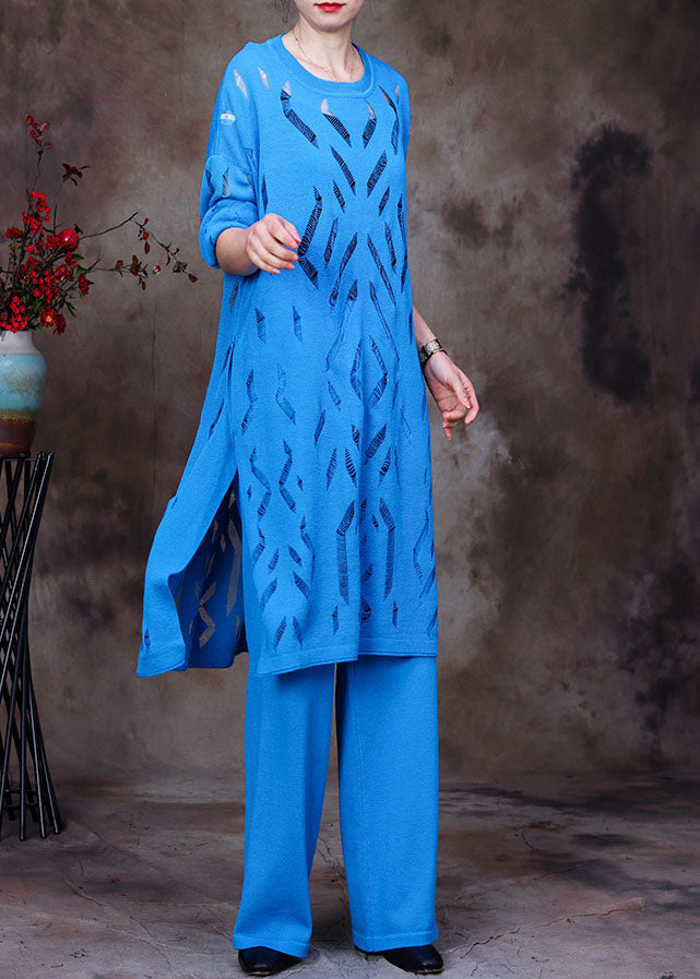 Elegant Blue O-Neck Solid Hollow Out Knit Three Pieces Set Long Sleeve