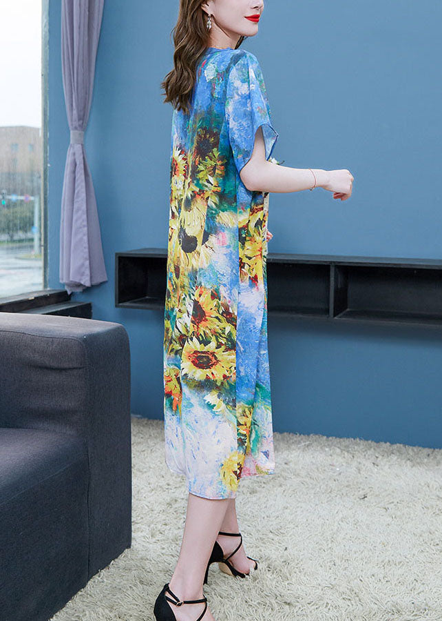 Elegant Blue O Neck The Sunflowers Patchwork Chiffon Dresses Summer