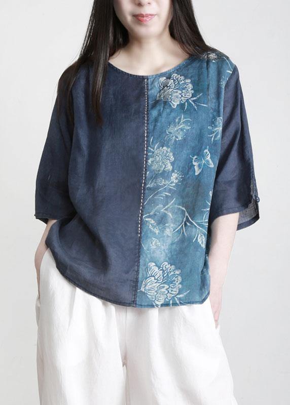 Elegant Blue Patchwork Print Linen Blouse Tops Half Sleeve - Omychic
