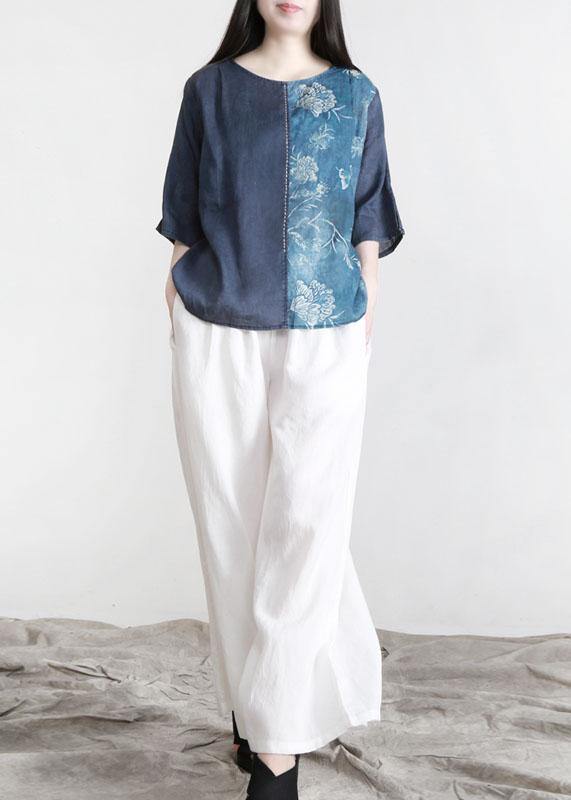 Elegant Blue Patchwork Print Linen Blouse Tops Half Sleeve - Omychic