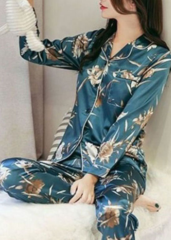 Elegant Blue Peter Pan Collar Print Ice Silk Pajamas Two Pieces Set Summer