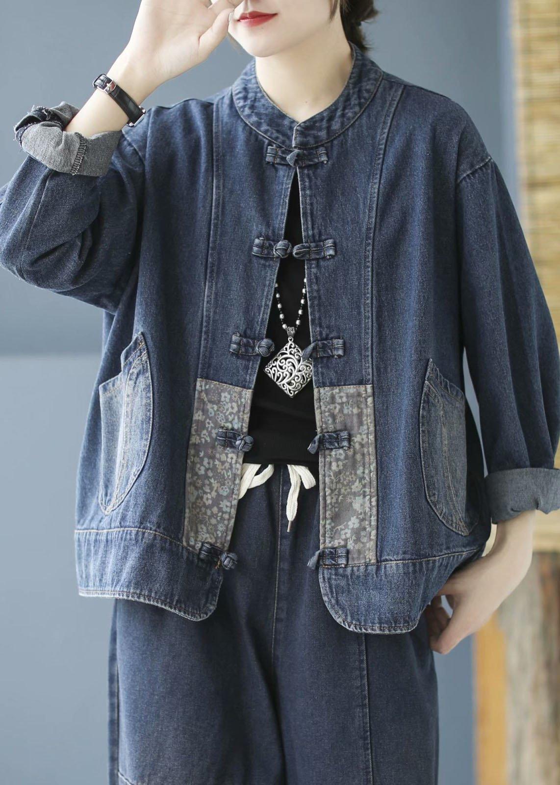 Elegant Blue Pockets Button Patchwork Fall Denim Long sleeve Coat - Omychic