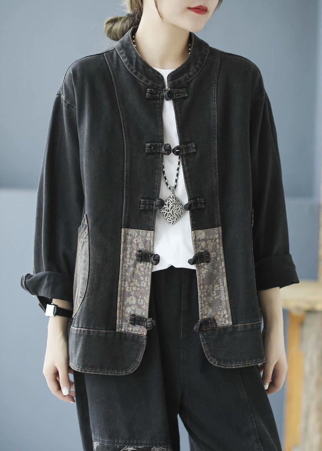 Elegant Blue Pockets Button Patchwork Fall Denim Long sleeve Coat - Omychic