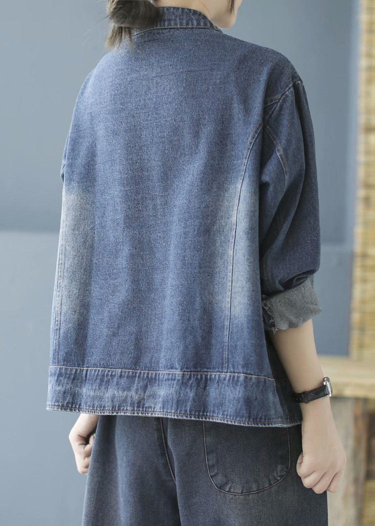 Elegant Blue Pockets Button Patchwork Fall Denim Long sleeve Coat - Omychic