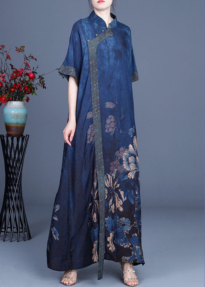 Elegant Blue Print Silk Dresses Half Sleeve