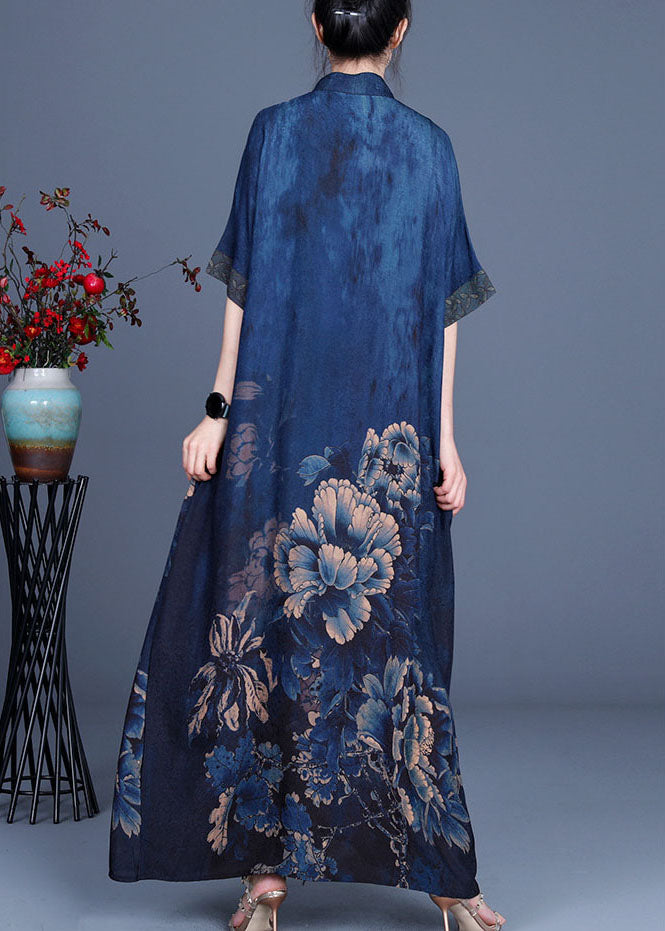 Elegant Blue Print Silk Dresses Half Sleeve