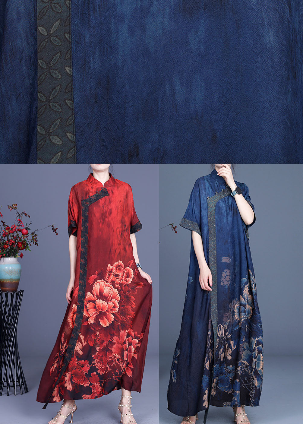 Elegant Blue Print Silk Dresses Half Sleeve