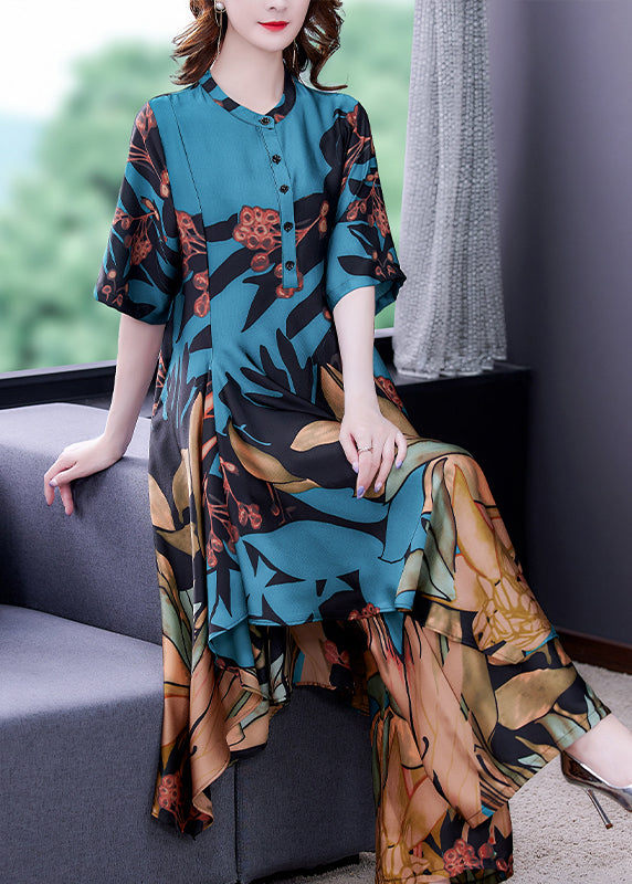 Elegant Blue Stand Collar Print Silk Shirt And Wide Leg Pants Two Pieces Half Sleeve