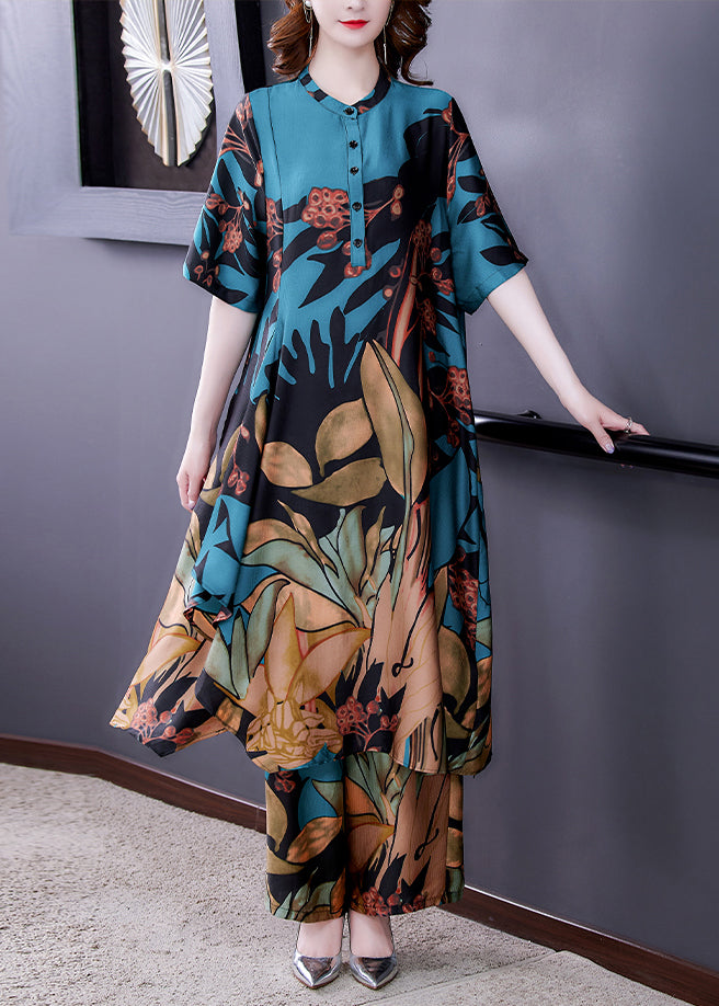 Elegant Blue Stand Collar Print Silk Shirt And Wide Leg Pants Two Pieces Half Sleeve