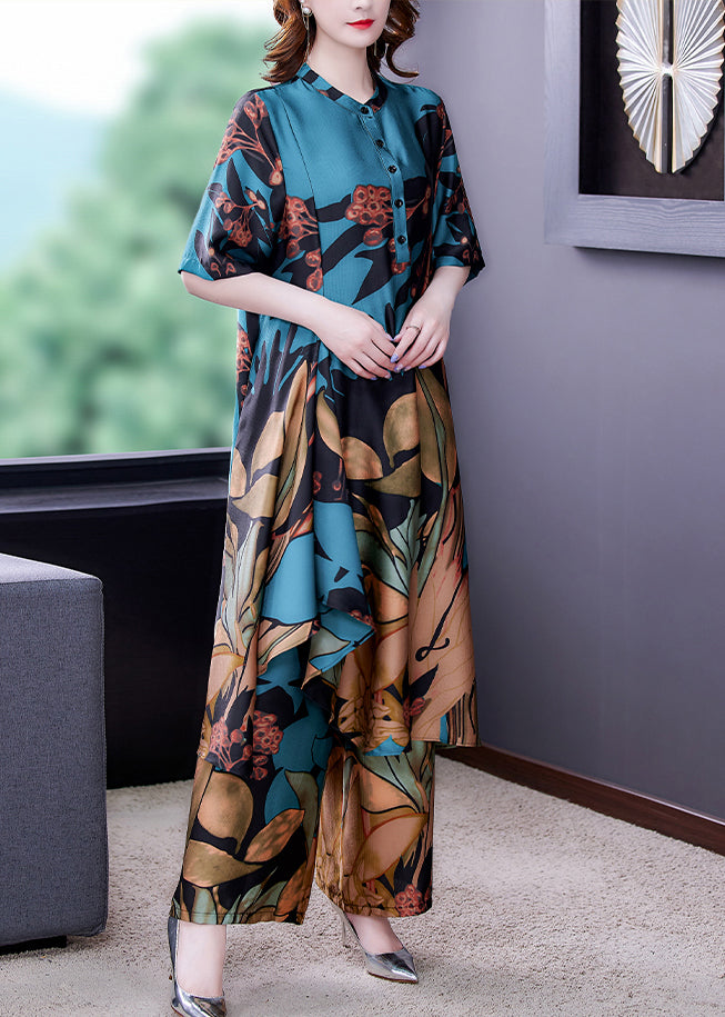 Elegant Blue Stand Collar Print Silk Shirt And Wide Leg Pants Two Pieces Half Sleeve