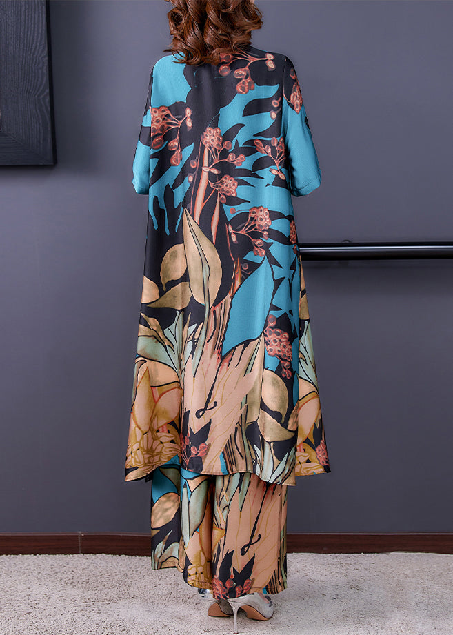 Elegant Blue Stand Collar Print Silk Shirt And Wide Leg Pants Two Pieces Half Sleeve