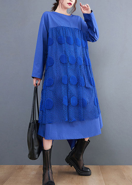 Elegant Blue Tulle Patchwork Cotton Dress Spring