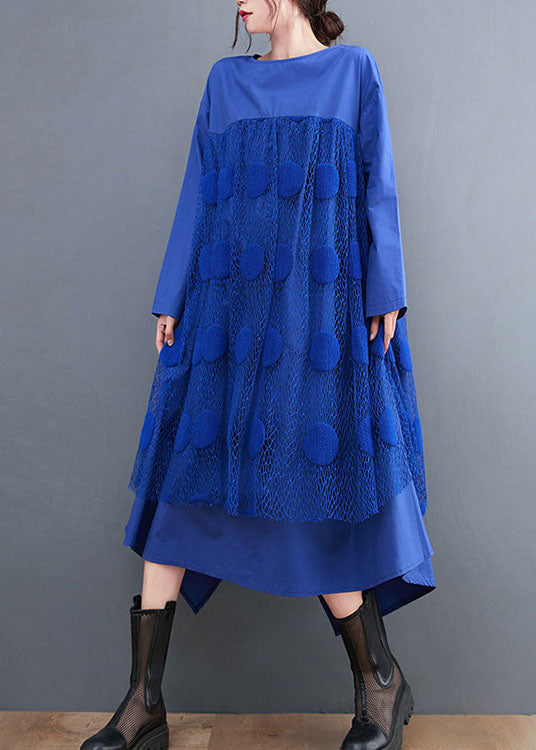 Elegant Blue Tulle Patchwork Cotton Dress Spring