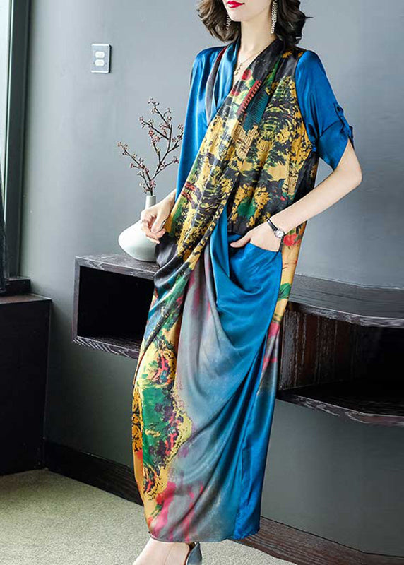 Elegant Blue V Neck Asymmetrical Design Print Satin Dresses Half Sleeve