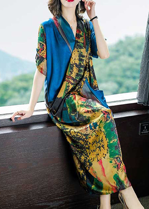 Elegant Blue V Neck Asymmetrical Design Print Satin Dresses Half Sleeve