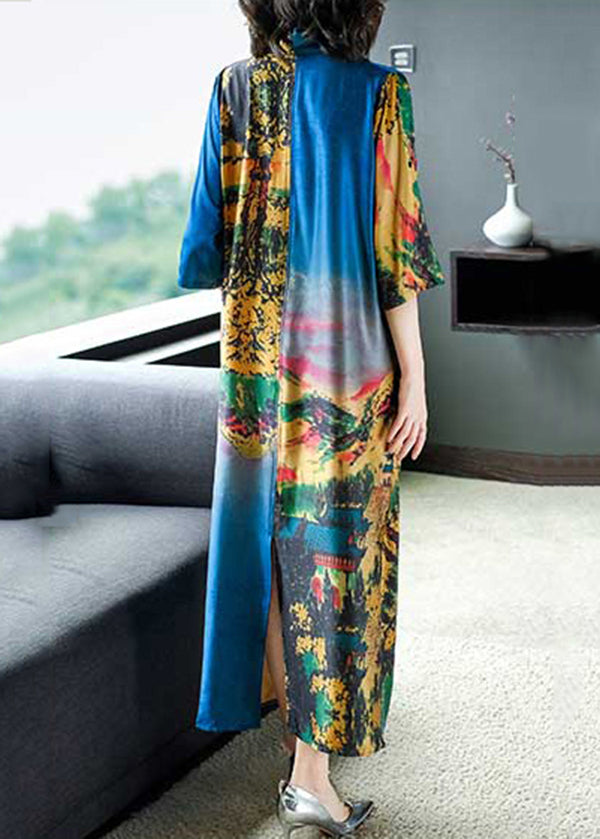 Elegant Blue V Neck Asymmetrical Design Print Satin Dresses Half Sleeve