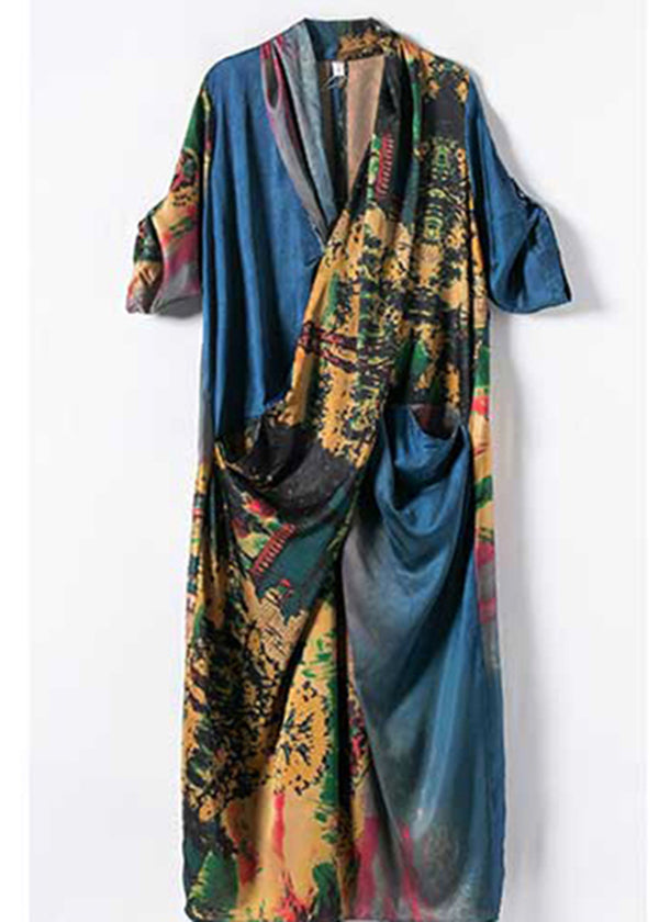 Elegant Blue V Neck Asymmetrical Design Print Satin Dresses Half Sleeve