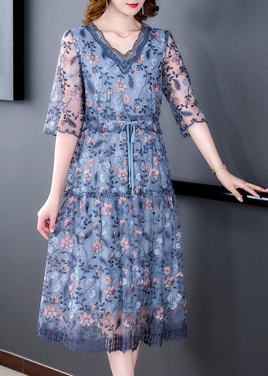 Elegant Blue V Neck Embroideried Ruffled Tie Waist Tulle Long Dresses Half Sleeve